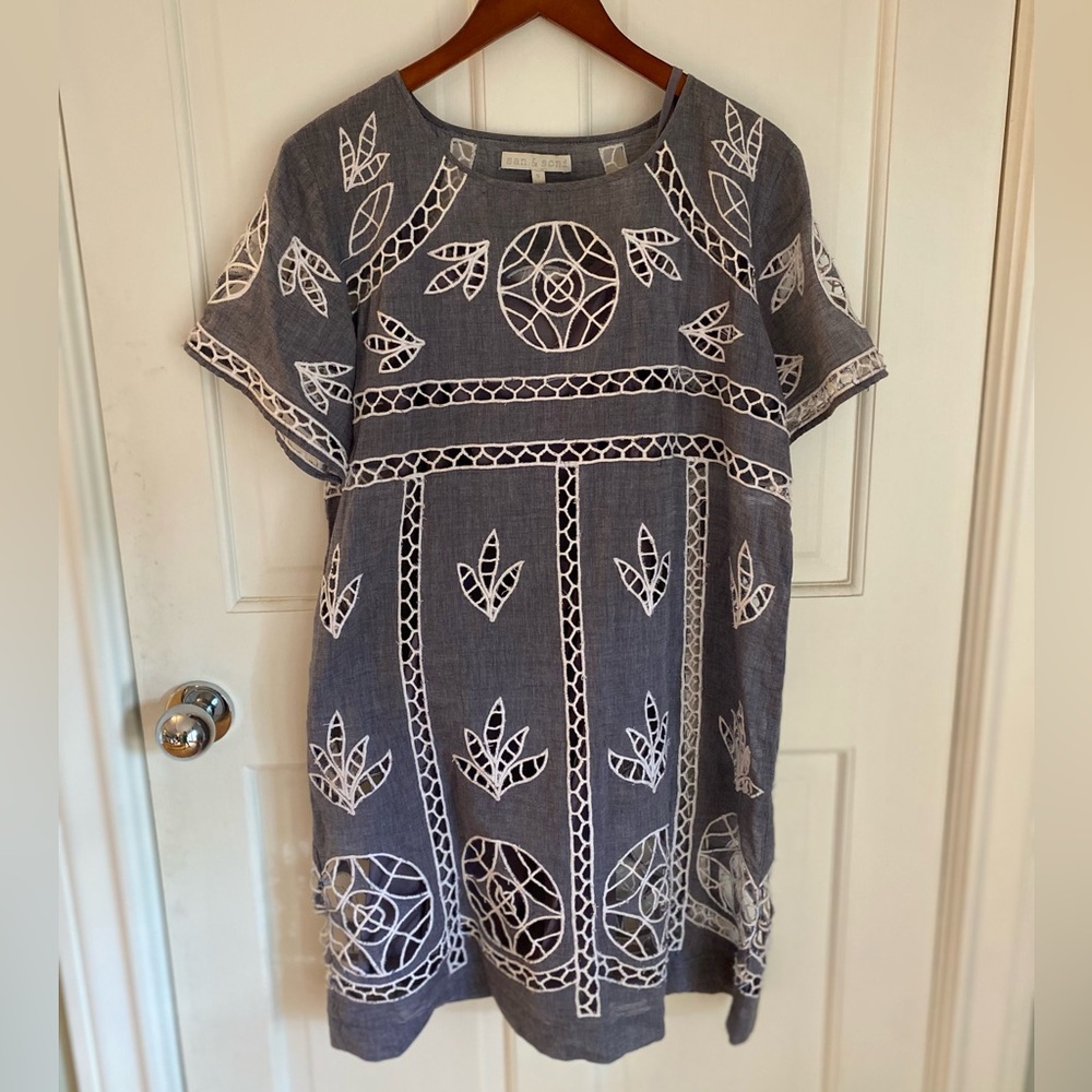 Anthropologie embroidered chambray mini dress